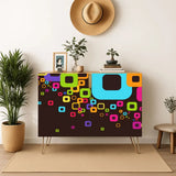 Retro wooden cabinet with colorful retro square doors and hairpin legs with a straw hat on the wall, a plant and a bench