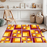 Red, yellow and orange retro squares rug on a light floor in a bright room with baskets and a wooden easel