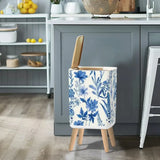 Vintage Square Small Trash Can with Lid Floral Toile de Jouy Blue White - One Size - retro tash cans