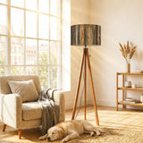 Weathered Wood Retro Tripod Floor Lamp - Rustic Driftwood Linen Shade - retro floor lamps