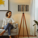 Weathered Wood Retro Tripod Floor Lamp - Rustic Driftwood Linen Shade - retro floor lamps