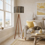 Weathered Wood Retro Tripod Floor Lamp - Rustic Driftwood Linen Shade - retro floor lamps