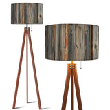 Weathered Wood Retro Tripod Floor Lamp - Rustic Driftwood Linen Shade - US Plug - retro floor lamps