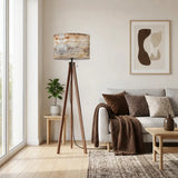 Knotty Wood Print retro tripod floor lamp with wooden legs and remote, cozy home interior