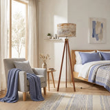 Knotty Wood Print retro tripod floor lamp with wooden legs and remote, cozy home interior, view 2