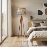 Knotty Wood Print retro tripod floor lamp with wooden legs and remote, cozy home interior, view 3
