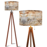 Knotty Wood Print retro tripod floor lamp with wooden legs and remote, full view and shade close-up