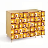 Retro wooden cabinet with mustard and orange tiles and metal hairpin legs