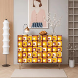 Retro wooden cabinet with mustard and orange tiles and metal hairpin legs