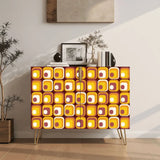 Retro wooden cabinet with mustard and orange tiles and metal hairpin legs