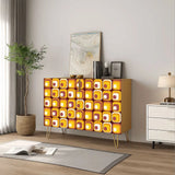 Retro wooden cabinet with mustard and orange tiles and metal hairpin legs