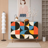 Retro wooden cabinet with orange, blue and black half circles and metal hairpin legs