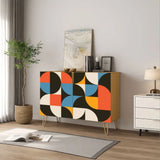 Retro wooden cabinet with orange, blue and black half circles and metal hairpin legs