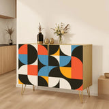 Retro wooden cabinet with orange, blue and black half circles and metal hairpin legs