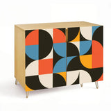 Retro wooden cabinet with orange, blue and black half circles and metal hairpin legs
