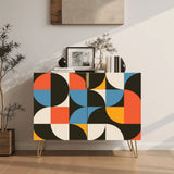 Retro wooden cabinet with orange, blue and black half circles and metal hairpin legs
