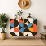 Retro wooden cabinet with orange, blue and black half circles and metal hairpin legs