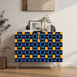 Retro wooden cabinet with teal and orange rounded shapes on navy and metal hairpin legs