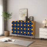 Retro wooden cabinet with teal and orange rounded shapes on navy and metal hairpin legs