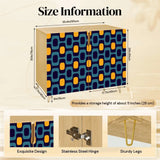 Retro wooden cabinet with teal and orange rounded shapes on navy and metal hairpin legs