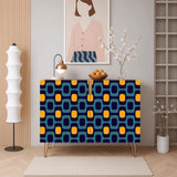 Retro wooden cabinet with teal and orange rounded shapes on navy and metal hairpin legs