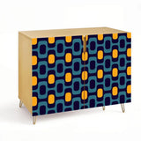 Retro wooden cabinet with teal and orange rounded shapes on navy and metal hairpin legs