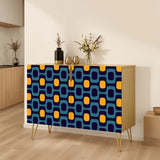 Retro wooden cabinet with teal and orange rounded shapes on navy and metal hairpin legs