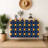 Retro wooden cabinet with teal and orange rounded shapes on navy and metal hairpin legs