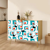 Retro wooden cabinet with black cats on turquoise squares and metal hairpin legs