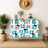 Retro wooden cabinet with black cats on turquoise squares and metal hairpin legs