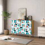 Retro wooden cabinet with black cats on turquoise squares and metal hairpin legs