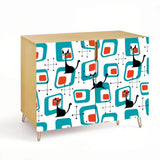 Retro wooden cabinet with black cats on turquoise squares and metal hairpin legs