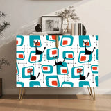 Retro wooden cabinet with black cats on turquoise squares and metal hairpin legs