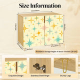 Retro wooden cabinet with gold and teal starbursts on cream and metal hairpin legs