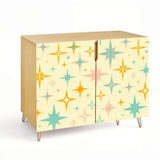 Retro wooden cabinet with gold and teal starbursts on cream and metal hairpin legs