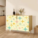 Retro wooden cabinet with gold and teal starbursts on cream and metal hairpin legs