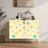 Retro wooden cabinet with gold and teal starbursts on cream and metal hairpin legs