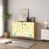 Retro wooden cabinet with gold and teal starbursts on cream and metal hairpin legs
