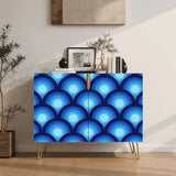 Retro wooden cabinet with blue peacock eye pattern and metal hairpin legs