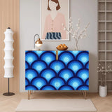 Retro wooden cabinet with blue peacock eye pattern and metal hairpin legs