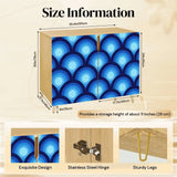 Retro wooden cabinet with blue peacock eye pattern and metal hairpin legs