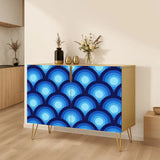 Retro wooden cabinet with blue peacock eye pattern and metal hairpin legs
