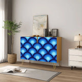 Retro wooden cabinet with blue peacock eye pattern and metal hairpin legs