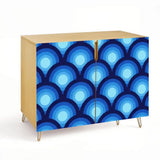 Retro wooden cabinet with blue peacock eye pattern and metal hairpin legs