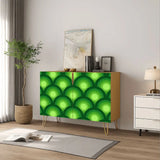Retro wooden cabinet with green peacock eye pattern and metal hairpin legs