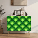 Retro wooden cabinet with green peacock eye pattern and metal hairpin legs