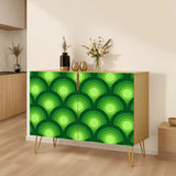 Retro wooden cabinet with green peacock eye pattern and metal hairpin legs