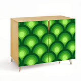 Retro wooden cabinet with green peacock eye pattern and metal hairpin legs