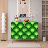 Retro wooden cabinet with green peacock eye pattern and metal hairpin legs