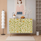 Retro wooden cabinet with cream daisies on olive green and metal hairpin legs